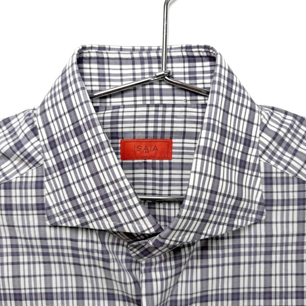 ISAIA Napoli Mens Dress Shirt 15 1/2 Check‎ Plaid Black & White Button Up - Picture 2 of 7